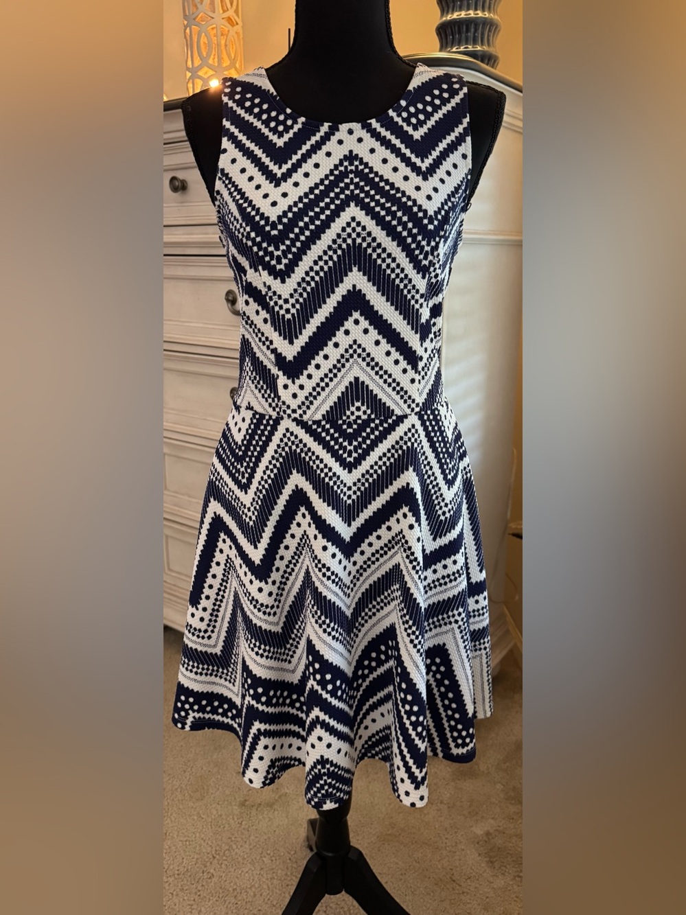 Trixxi Navy & White Chevron Fit & Flare Open Back Dress Size 9